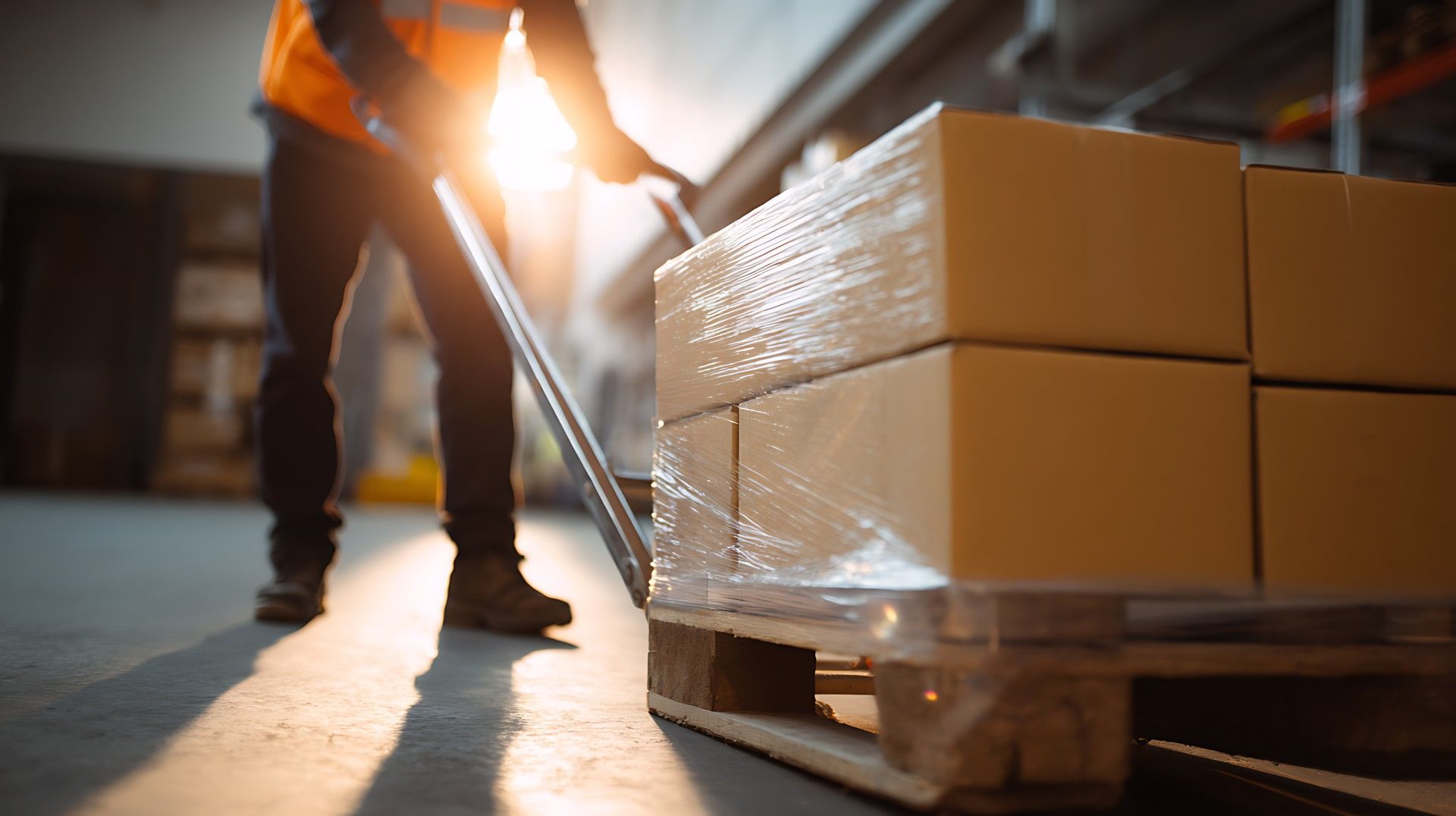 Warehouse worker pulling a shrink-wrapped pallet of boxes with a manual pallet jack, backlit by sunlight