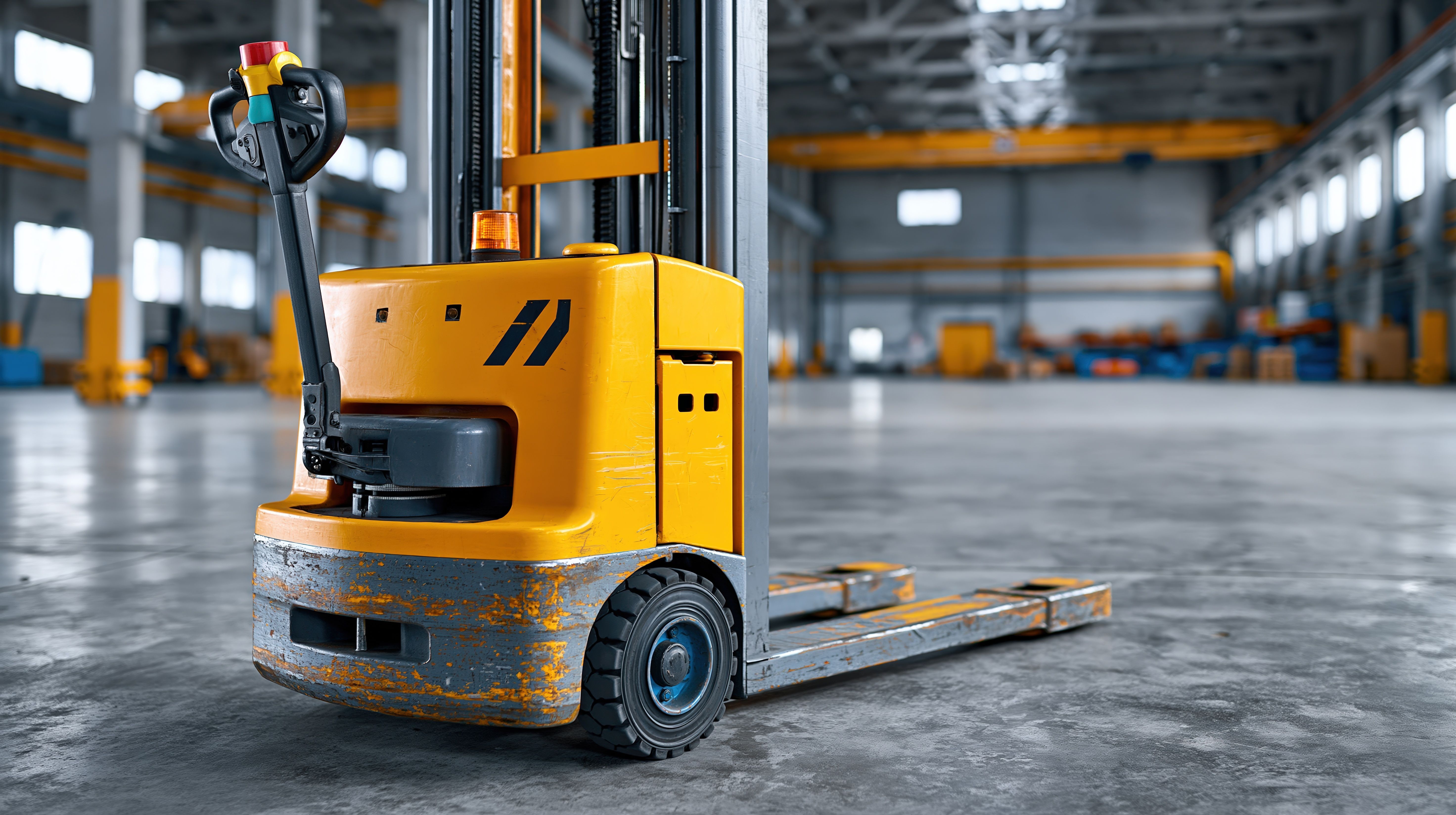 Yellow electric reach truck parked on a warehouse floor with racking in the background