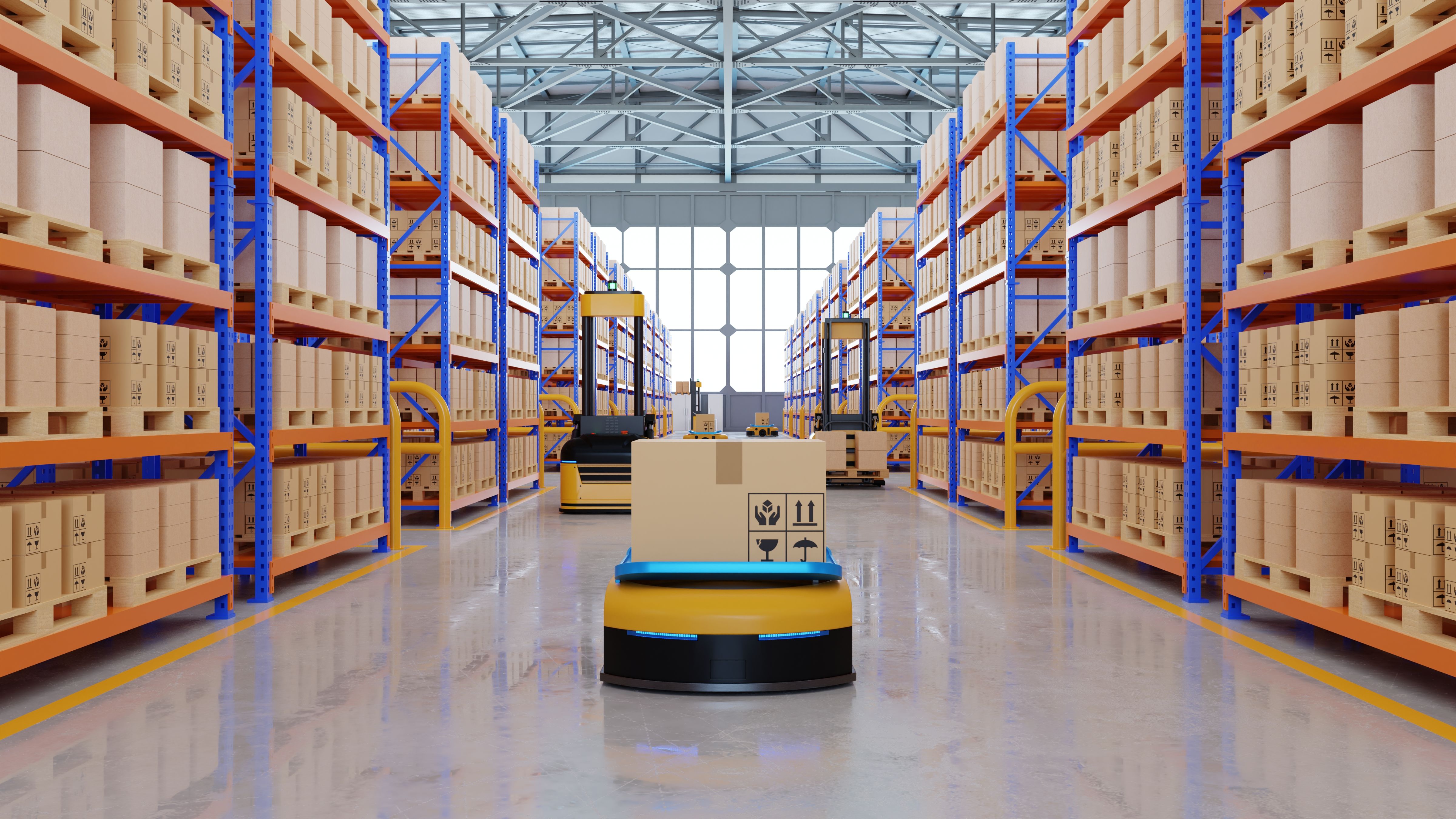 AGV speeding across a warehouse floor