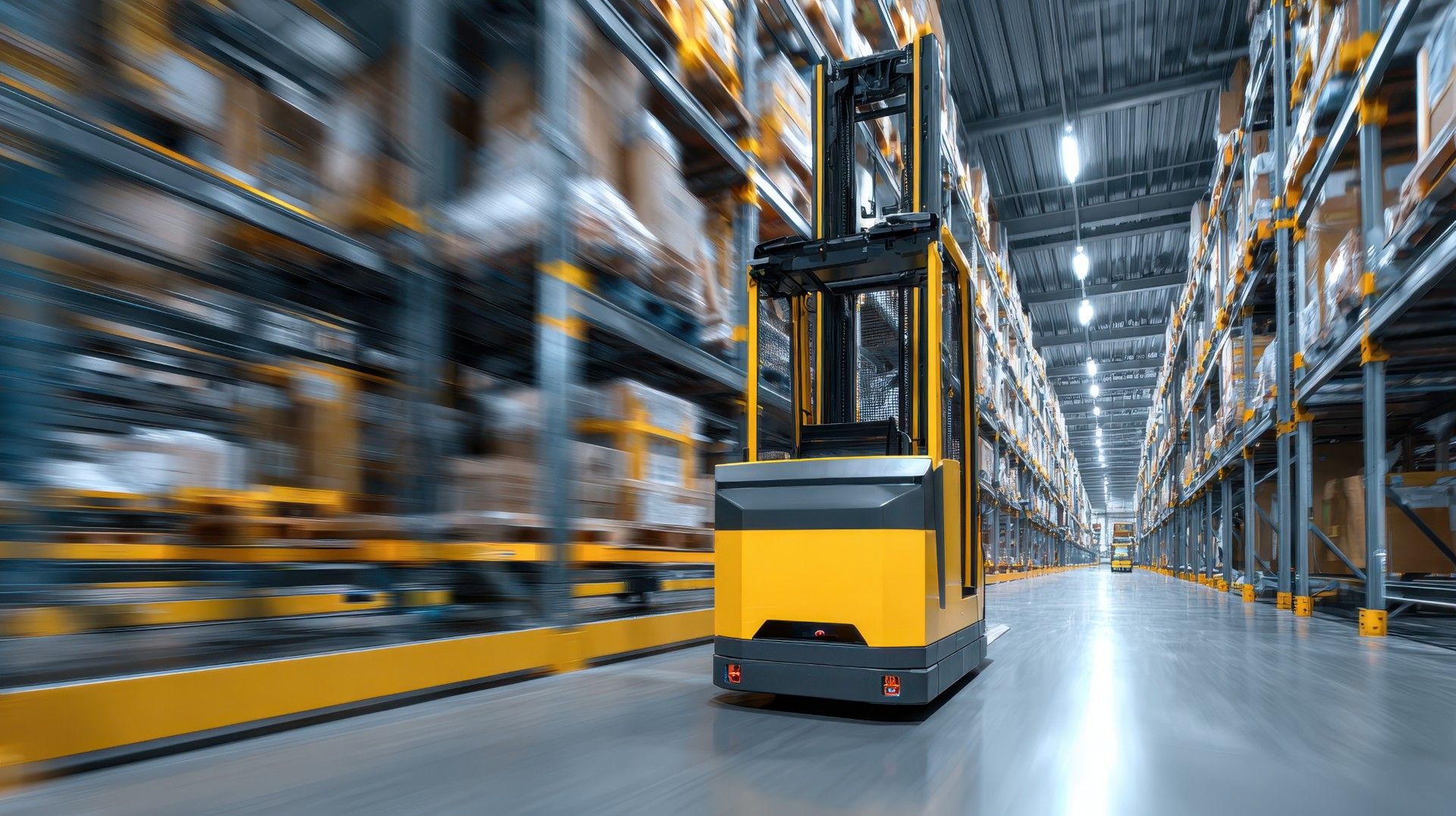 Electric forklift moving a loaded pallet through a high-bay warehouse