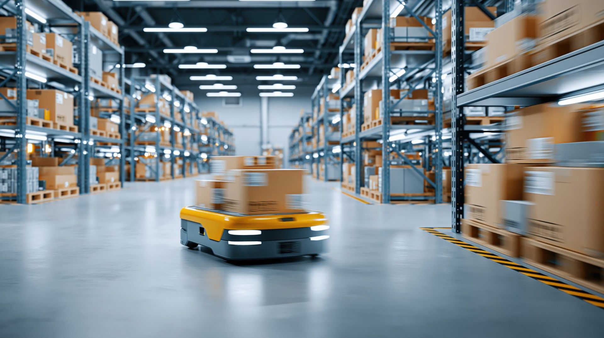 Yellow autonomous mobile robot carrying stacked cardboard boxes down a warehouse aisle lined with pallet racking