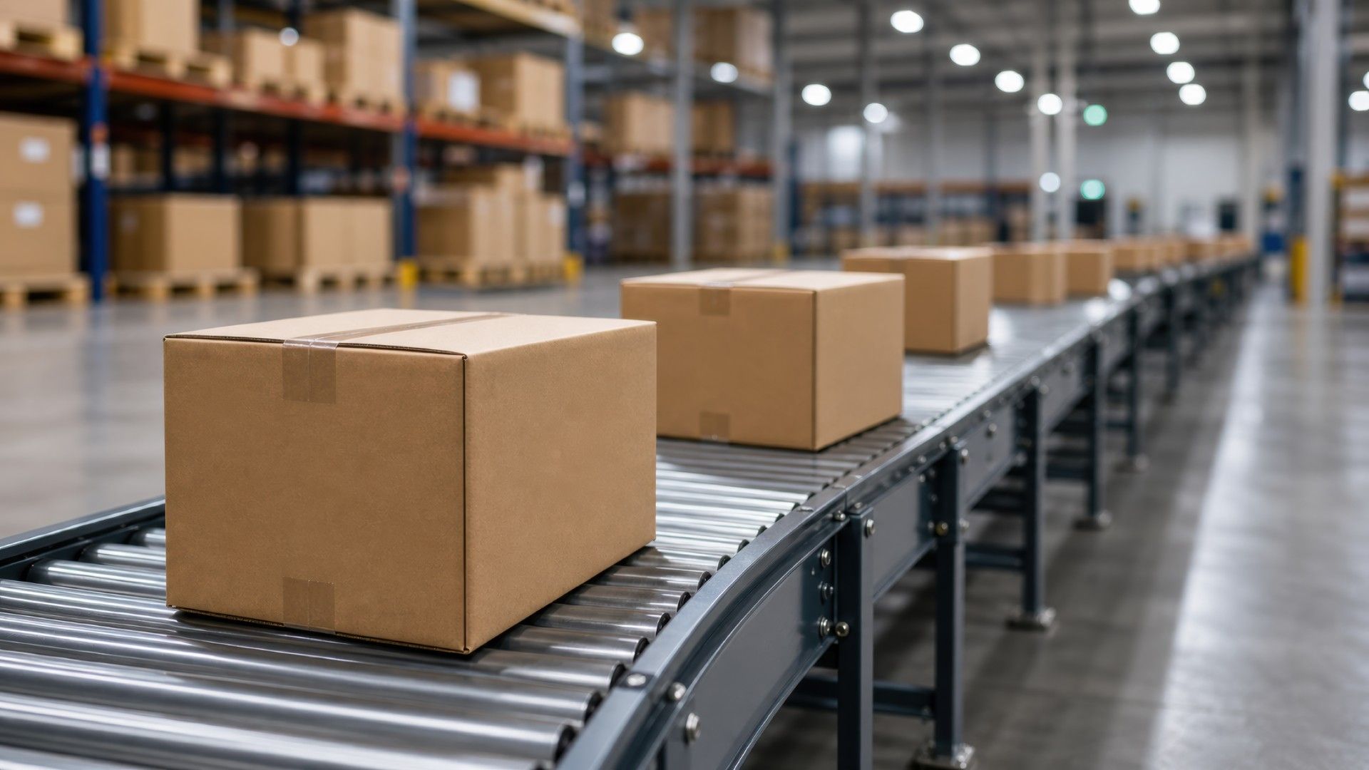 Cardboard boxes moving along a roller conveyor in a distribution center