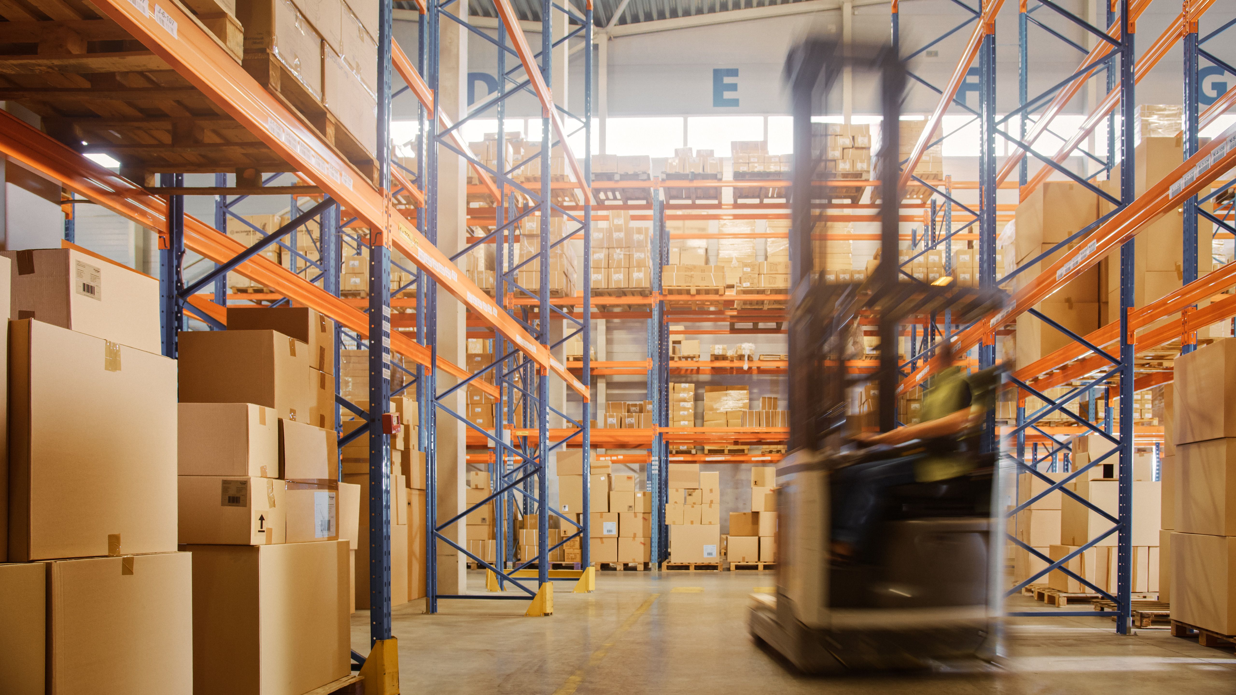 Forklift moving pallets down a warehouse aisle lit by sunlight through the racking