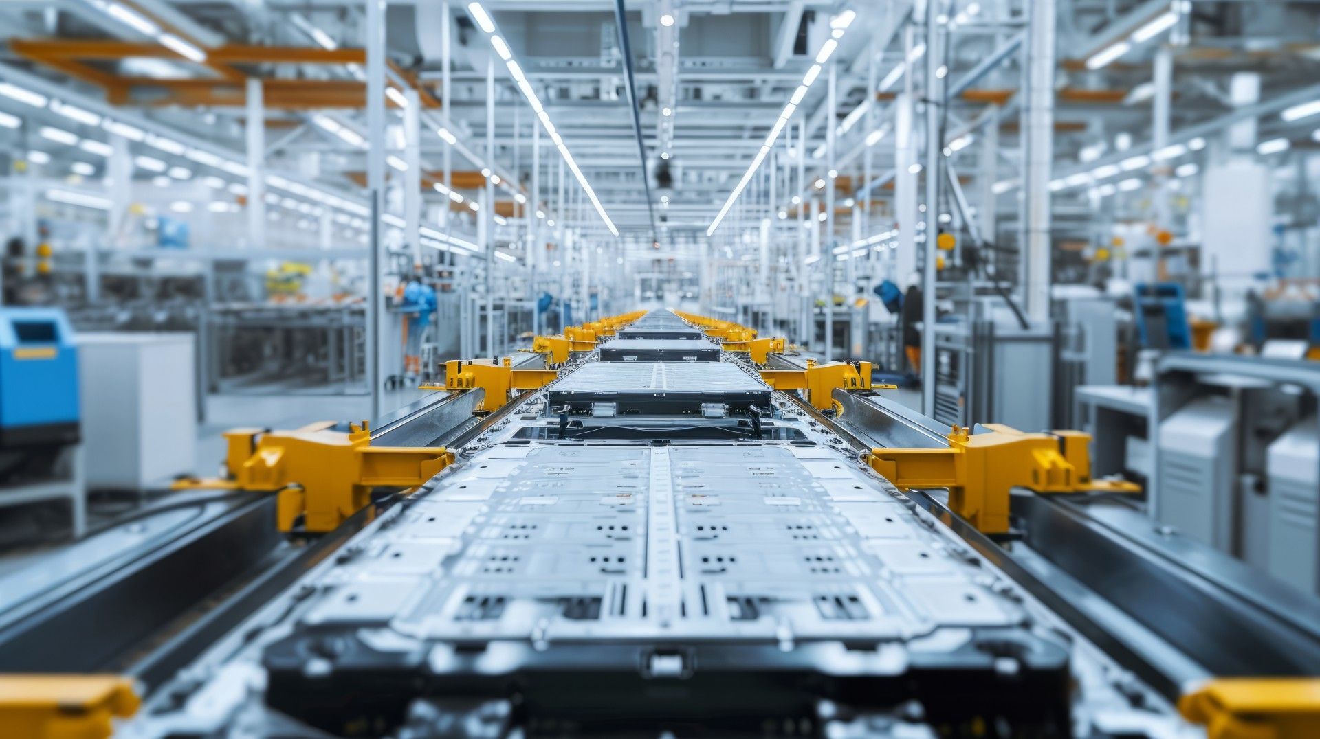 Automated assembly line carrying large metal panels on yellow conveyor fixtures in a factory