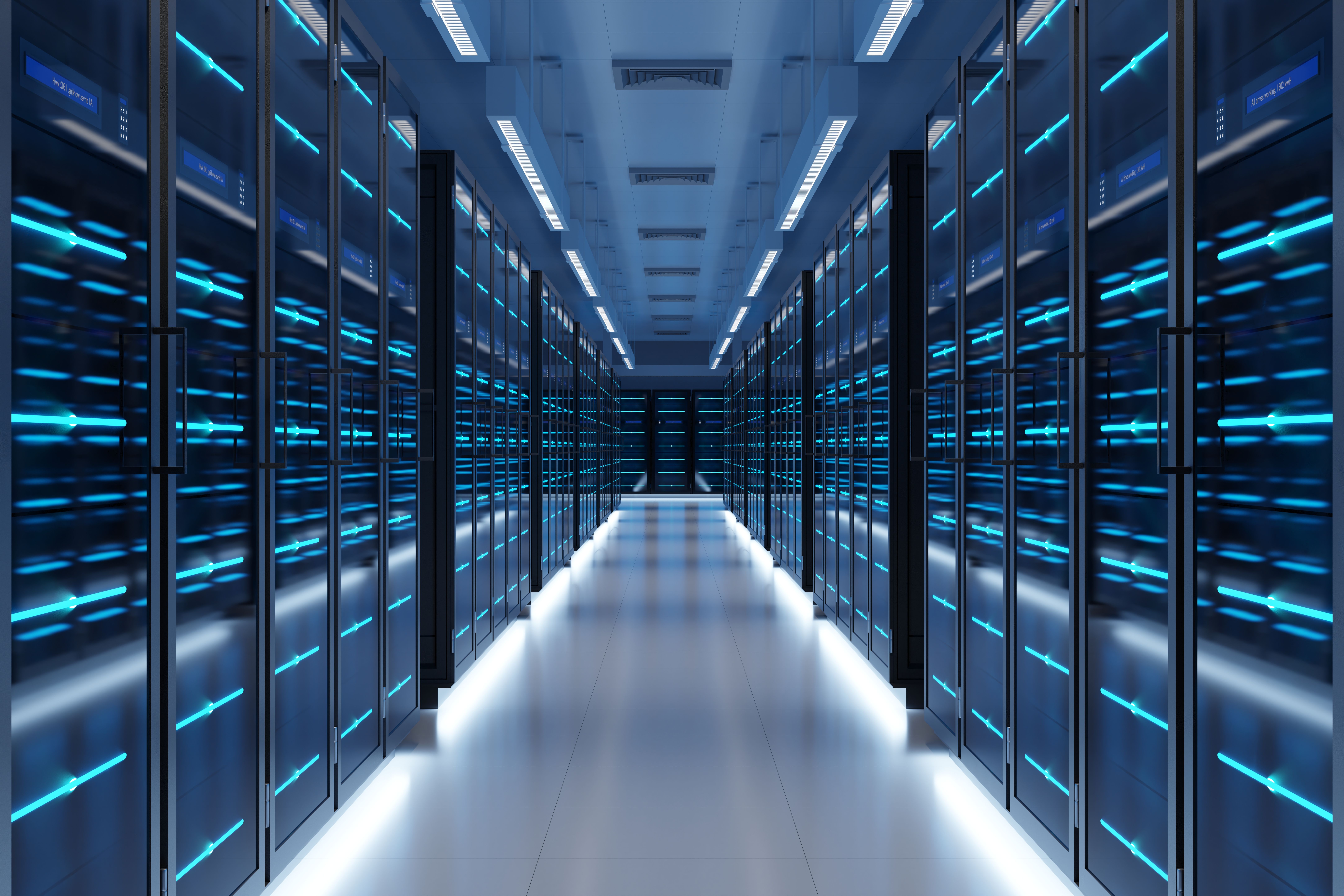 Modern data center aisle with many servers